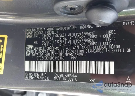 2013 Toyota Highlander Plus/Se z USA, uszkodzony, nr VIN 5TDZK3EH2DS116160